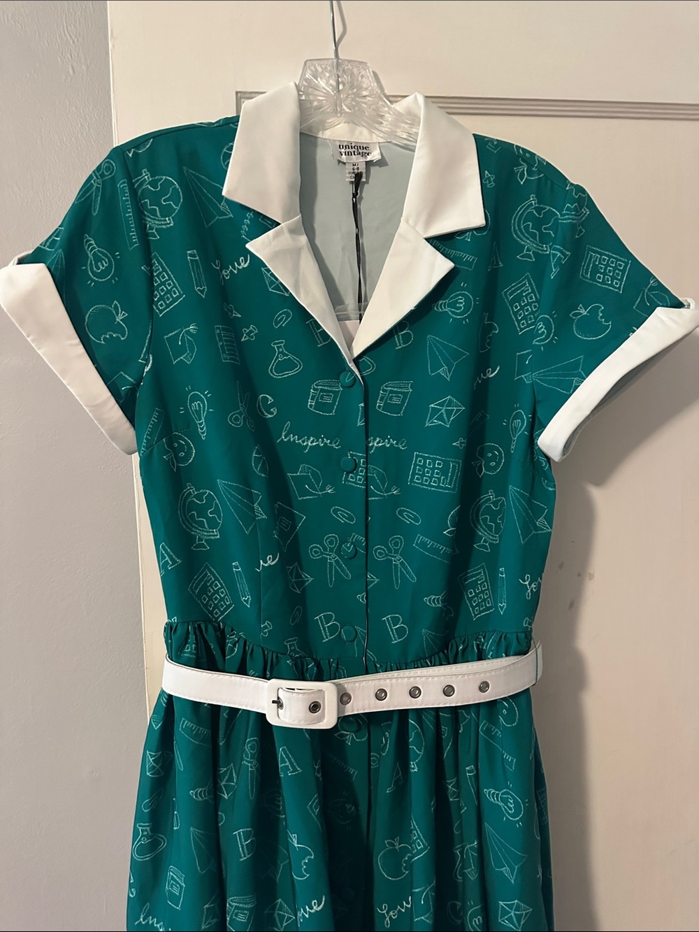 Unique Vintage Teal Dress with White Trim and Colorful Pencil Hem, Size M (6-8) - Picture 4 of 12